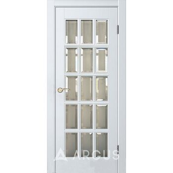Межкомнатная дверь Прима (Эмаль "Белый жемчуг" укрывная) стекло белое с пескоструйной обработкой и фацетом