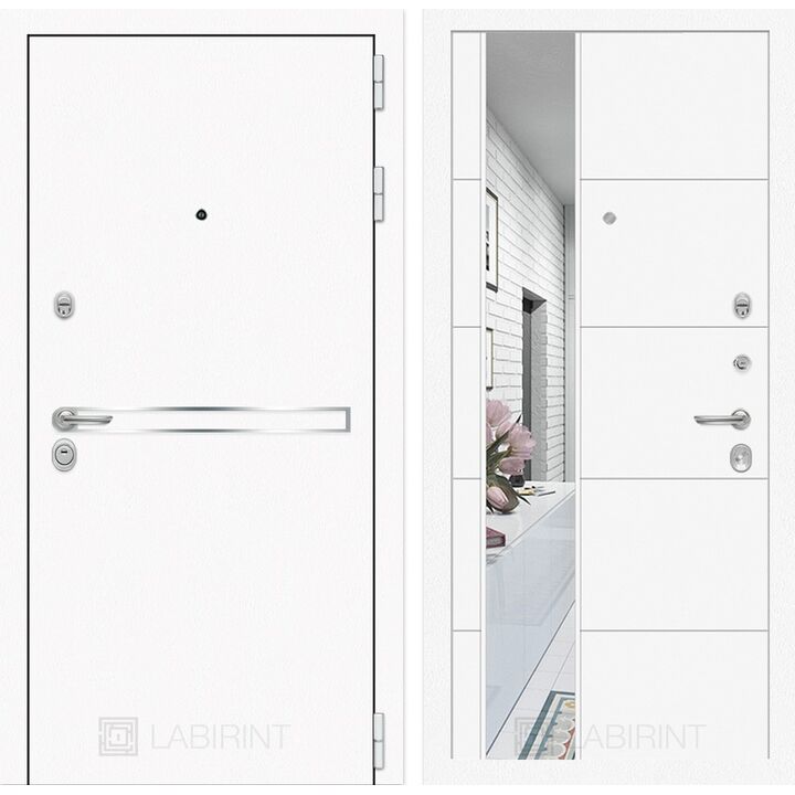Входная дверь Лабиринт Лайн WHITE с зеркалом 19 - Белый софт Входная дверь Лабиринт Лайн WHITE с зеркалом 19 - Белый софт